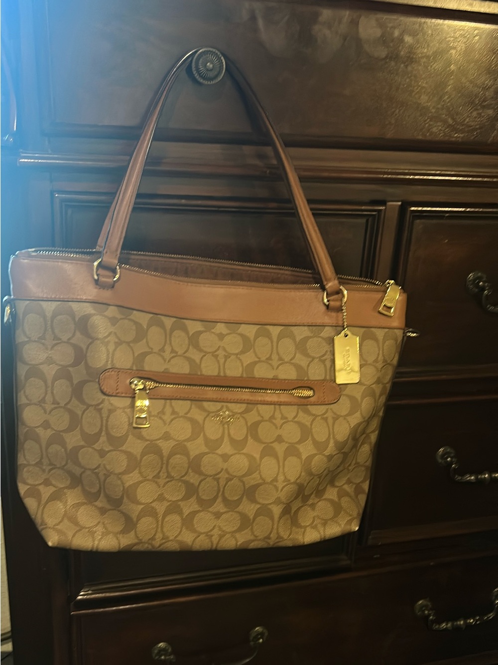 Coach Brown Signature Canvas Tote with Tan Leather Trim